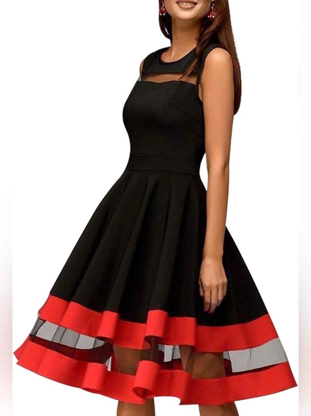 NWT Sleeveless Black Midi Dress with Red Hem Accent